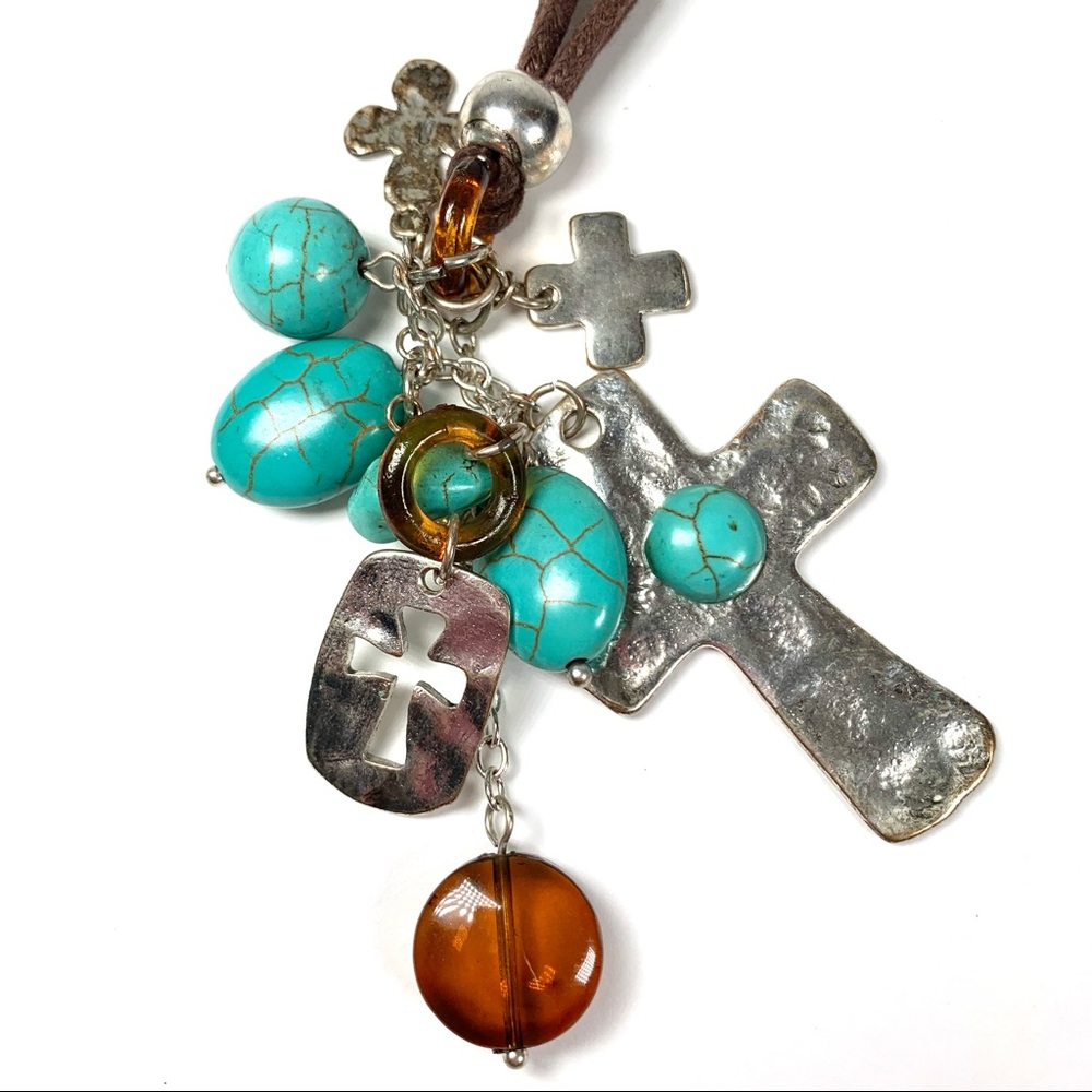 Cross necklace on brown cord - Picture 4 of 4